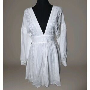 White Swiss Dot Boho Mini Dress S Deep V Tassel  Bridal Bachelorette Engagement